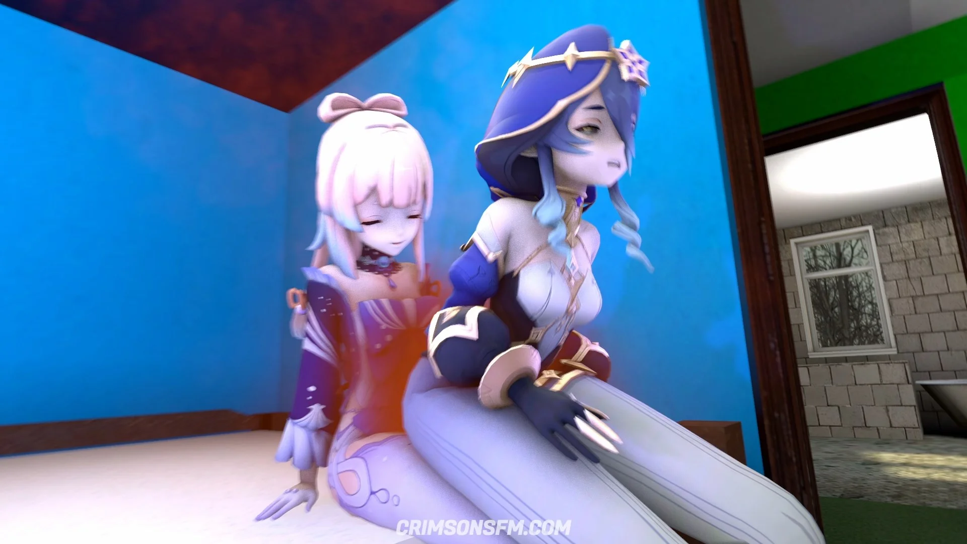 Layla farts on Kokomi with gas cloud — Gas fetish SFM preview 2